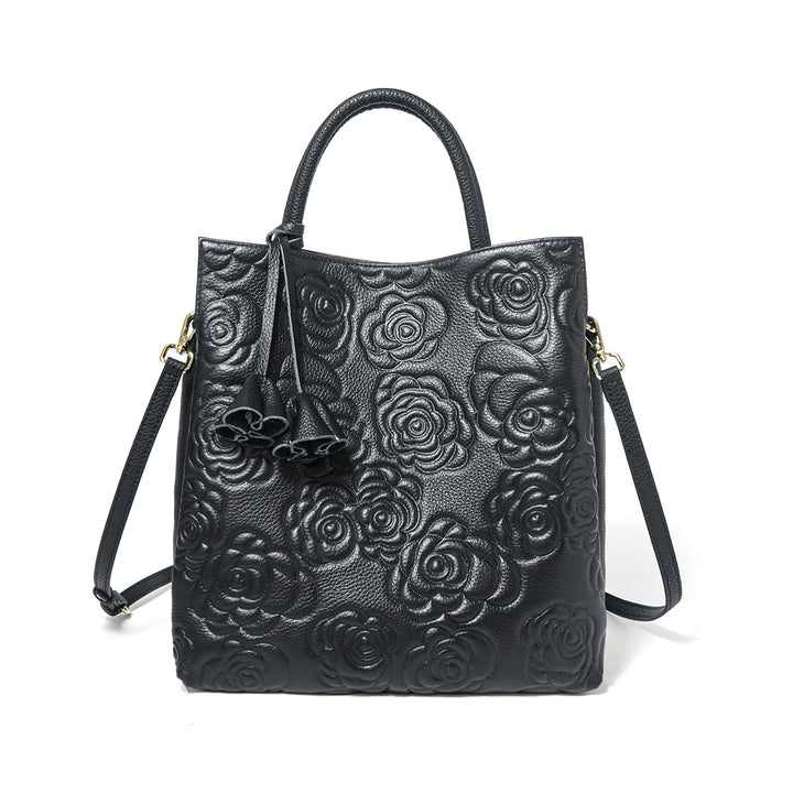 Embossed Floral Leather Tote Bag with Detachable Strap