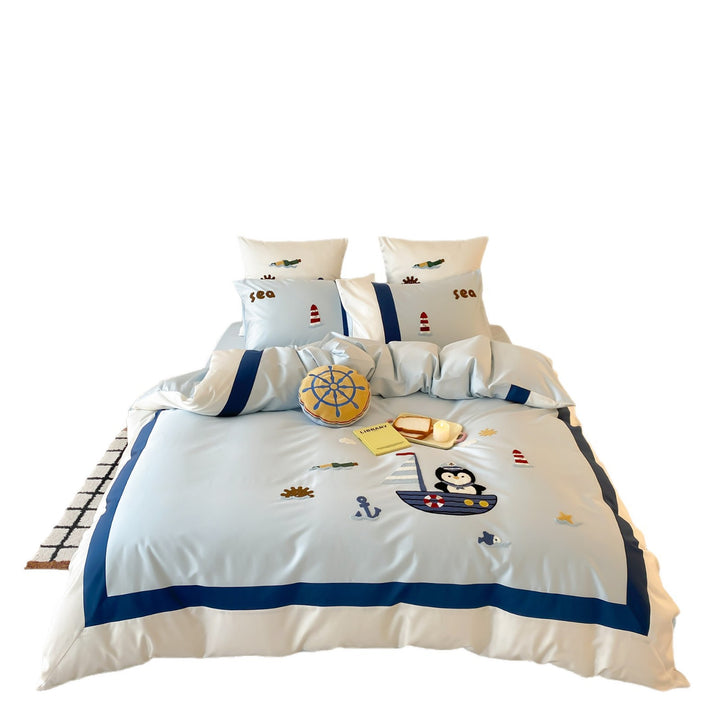 Children's Nautical Embroidered Cotton Duvet Cover Set with Pillowcases
