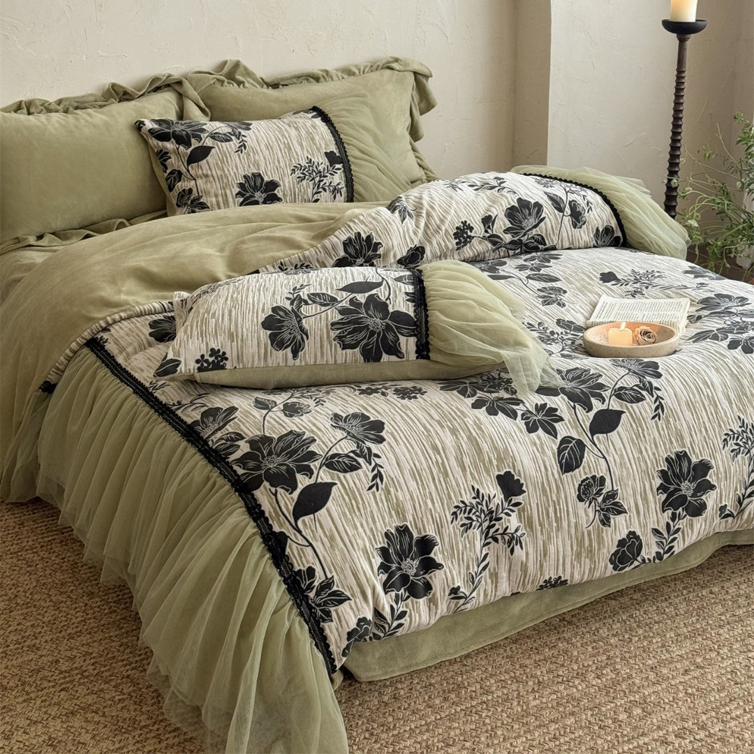 Floral Tulle-Ruffled Duvet Cover Set with Decorative Pillow Shams