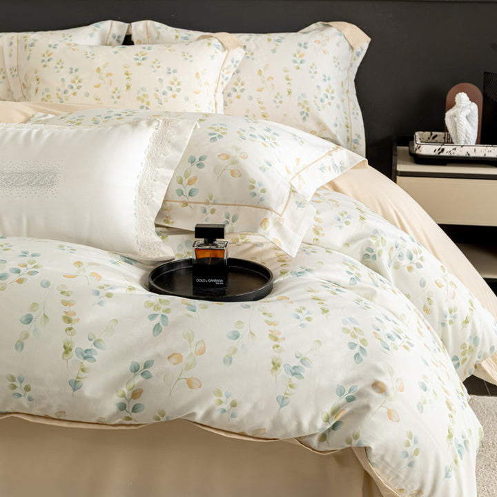 Luxurious cotton satin duvet cover set with watercolor flower pattern