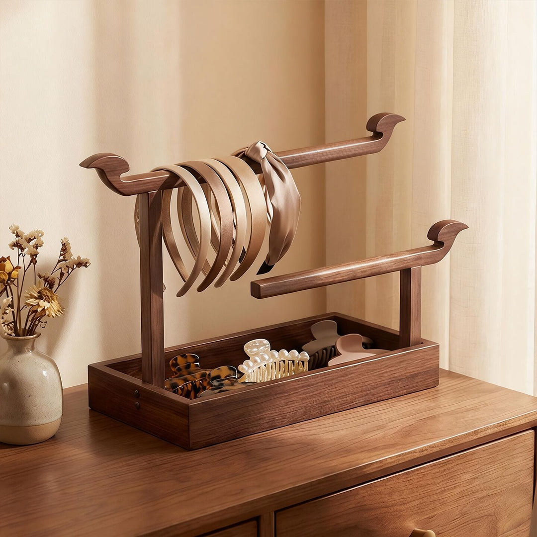 Double-Tier Wooden Bracelet and Prayer Bead Display Stand with Storage Tray
