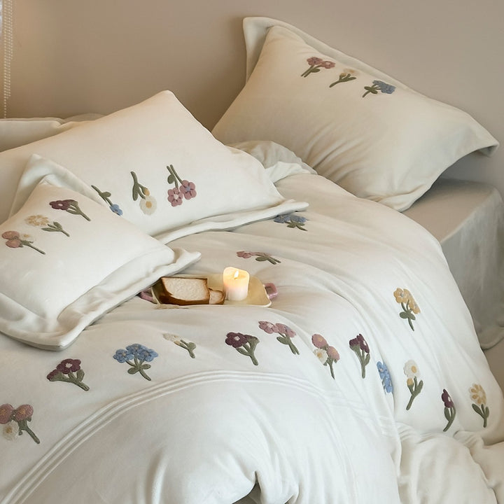 Embroidered Botanical Duvet Cover Set with Piped Edge and Pillow Shams