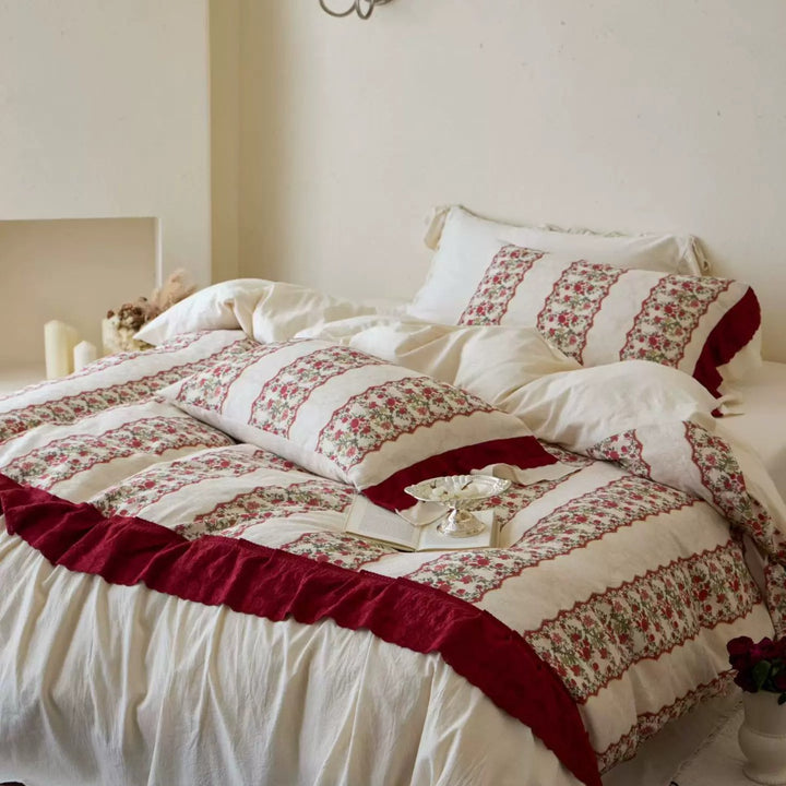 Patchwork-Striped Floral Quilted Duvet Cover Set with Frilled Hem & Envelope Shams