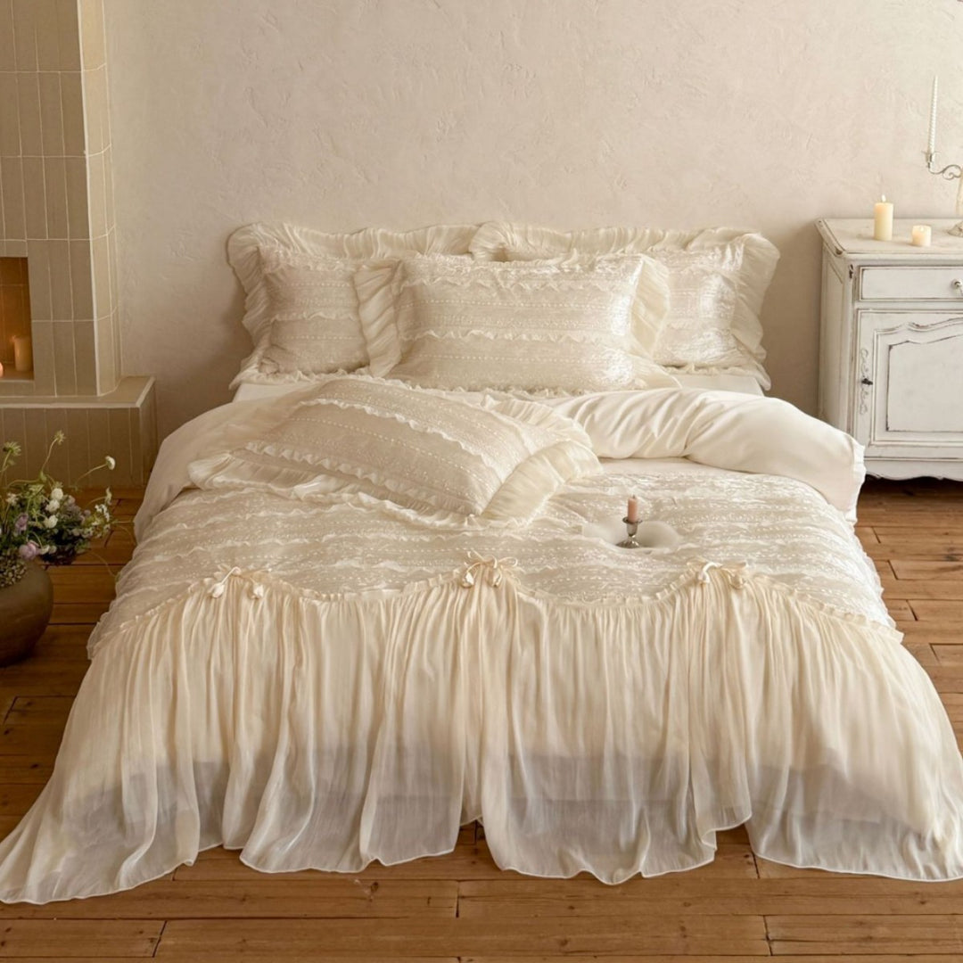 Romantic Ruffled Voile Layered Duvet Cover Set with Lace Embroidery