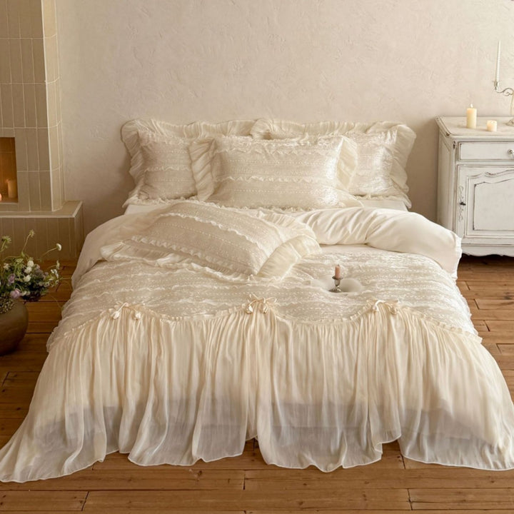 Romantic Ruffled Voile Layered Duvet Cover Set with Lace Embroidery