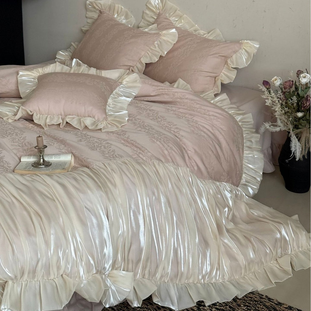Luxurious Ruffled Satin Bedding Set with Pleated Coverlet