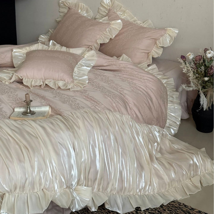 Luxurious Ruffled Satin Bedding Set with Pleated Coverlet