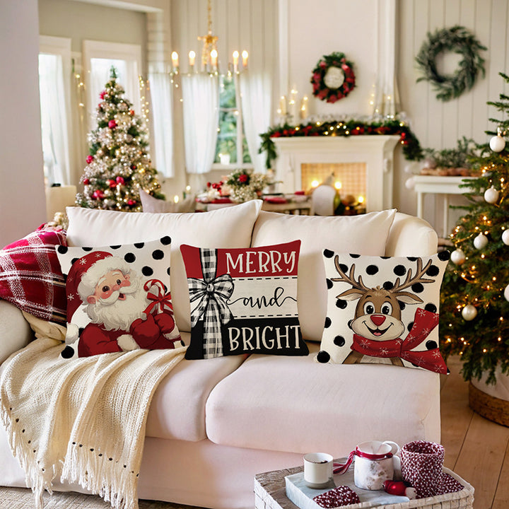 Square Cotton-Linen Decorative Throw Pillow Cover with Cartoon Reindeer and Polka Dot Print