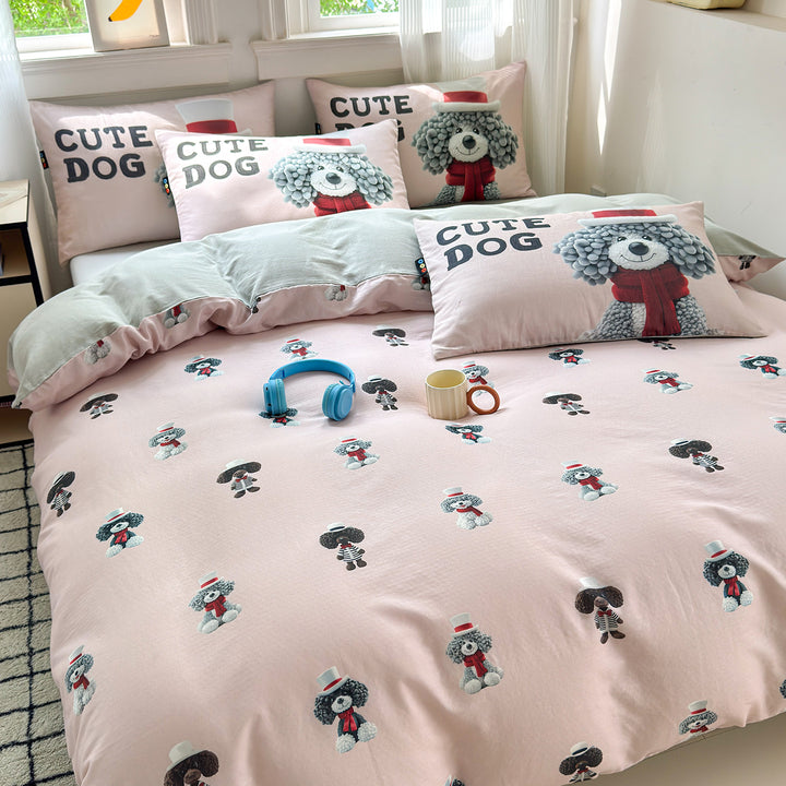 Cotton Printed Duvet Cover Set with Cute Dog Illustration