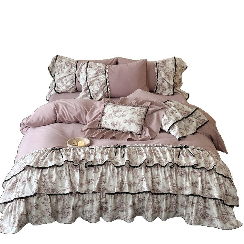 Ruffled Toile Floral Duvet Cover Set with Layered Ruffle Bed Skirt & Decorative Shams
