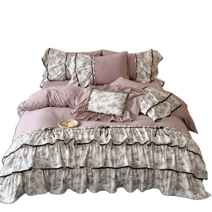 Ruffled Toile Floral Duvet Cover Set with Layered Ruffle Bed Skirt & Decorative Shams