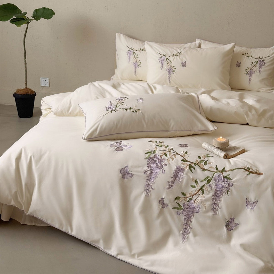 Embroidered Wisteria Cotton Sateen Duvet Cover Set with Piped Pillow Shams