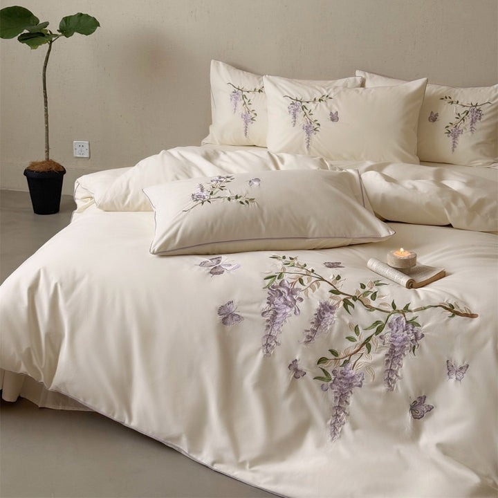 Embroidered Wisteria Cotton Sateen Duvet Cover Set with Piped Pillow Shams