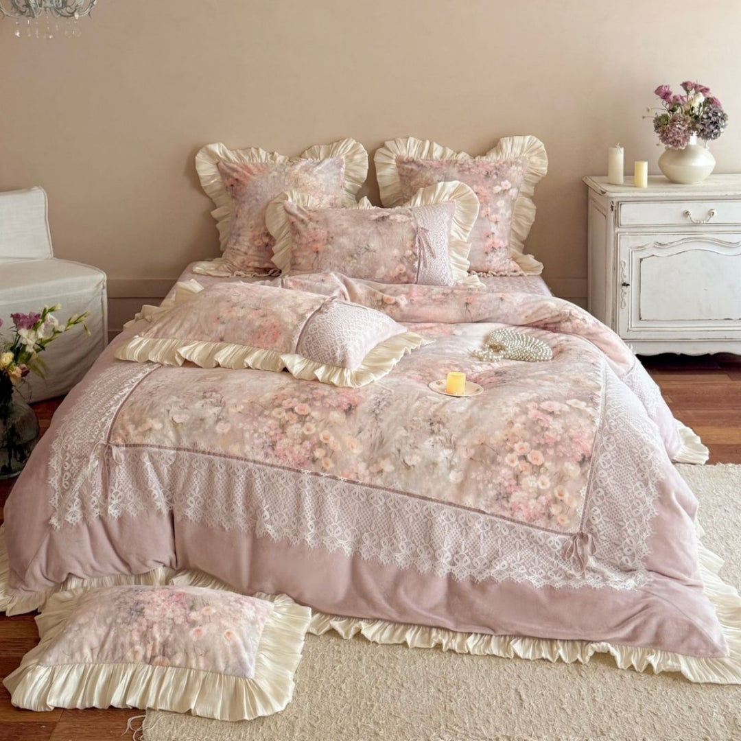 Vintage Romantic Ruffled Floral Quilted Comforter Set with Lace Overlay & Satin Ruffle Shams