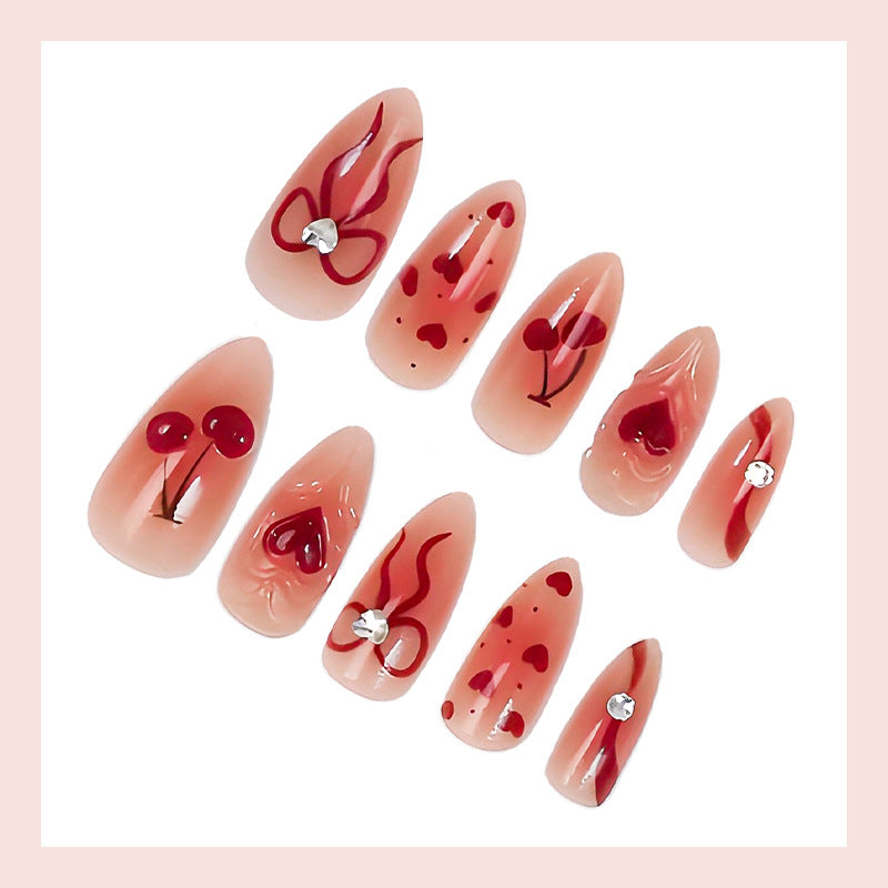 Artificial nail set with romantic heart and cherry motifs Stornfield