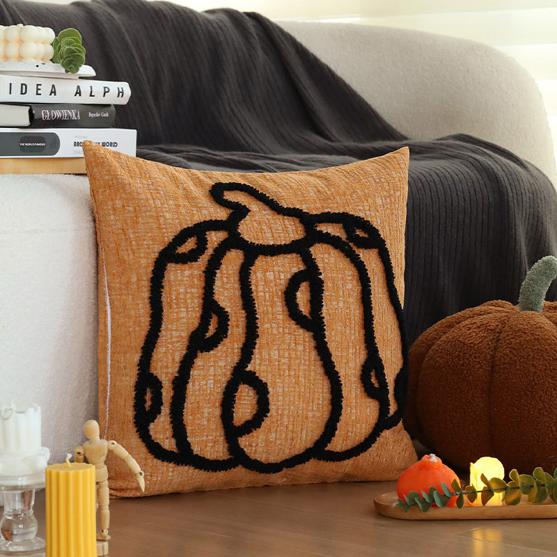 Square seasonal decorative pillow cover in autumn style with 3D pumpkin tufting and coarse linen look Stornfield