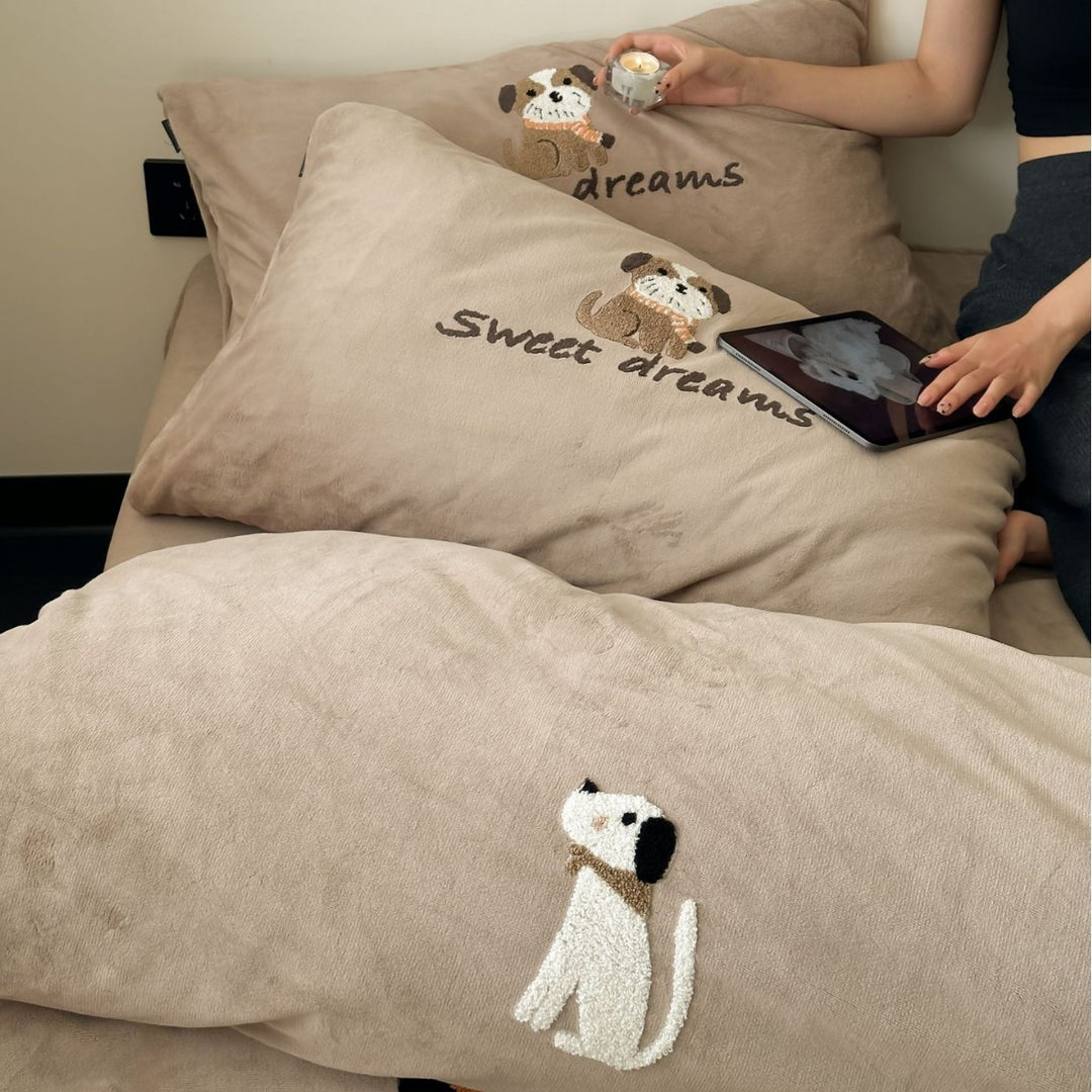 Cotton Percale Embroidered Puppy Duvet Cover and Pillowcase Set