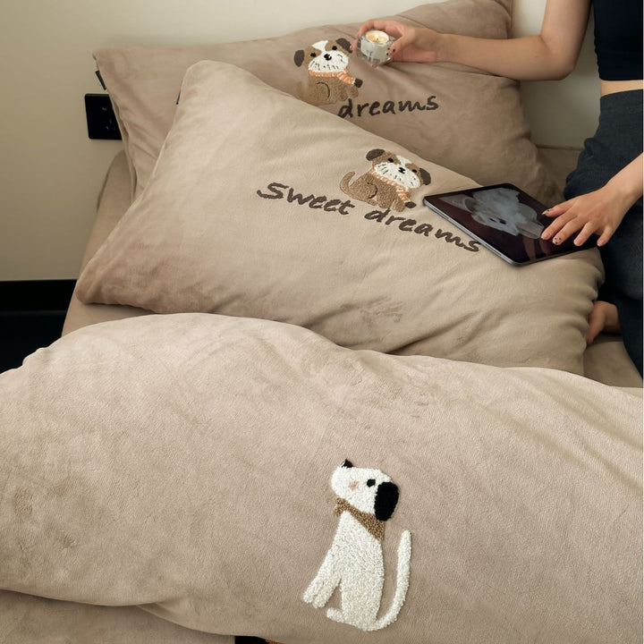 Cotton Percale Embroidered Puppy Duvet Cover and Pillowcase Set