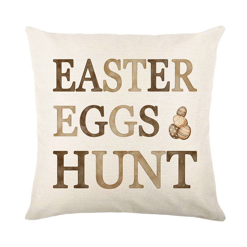Linen-Blend Square Accent Pillow Cover with Large Easter 'Eggs Hunt' Printed Typography and Decorative Egg Motif