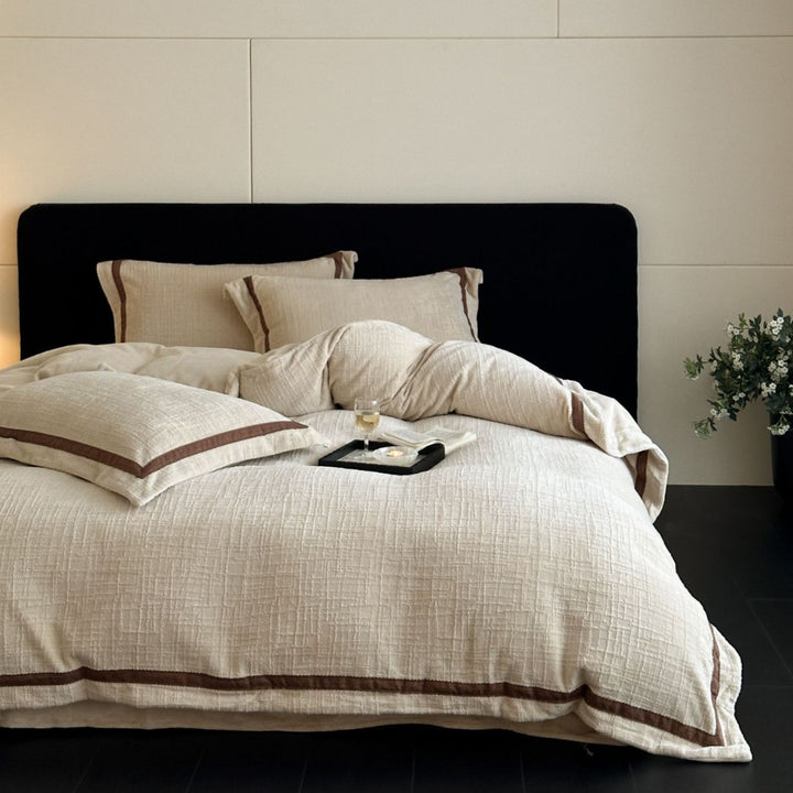 Quilted Cotton Sateen Duvet Cover Set with Brown Piped Trim