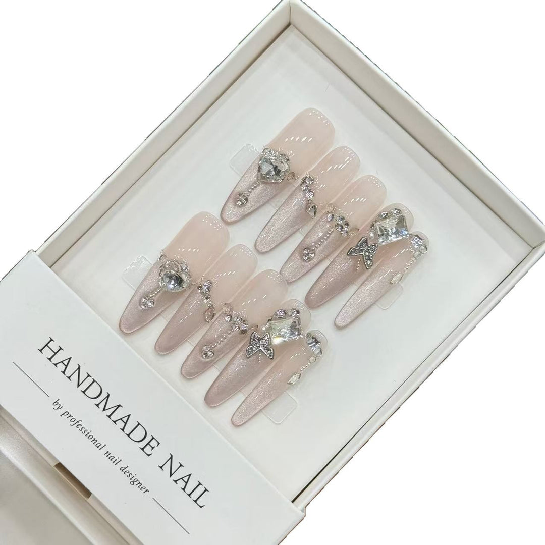 Artistic Handmade Press-On Nail Set with Glamorous Crystal Accents