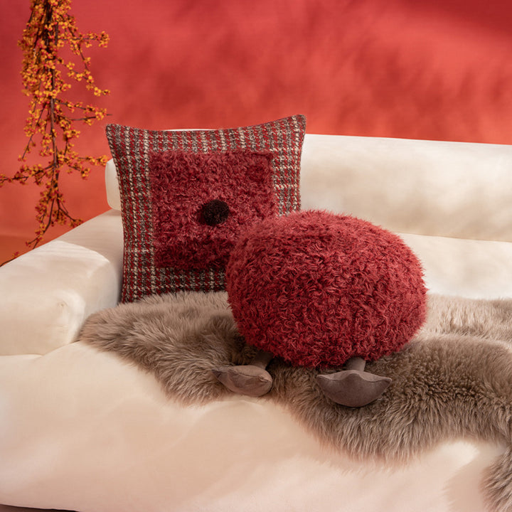 beef plush seat pouf with synthetic fur cover and decorative fabric legs