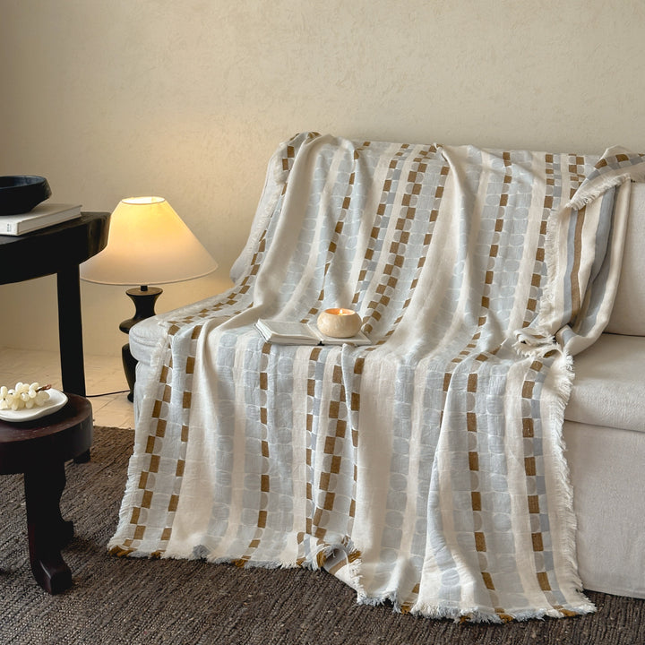 Lightweight Cotton-Linen Decorative Throw Blanket with Geometric Block Stripe and Fringed Edges