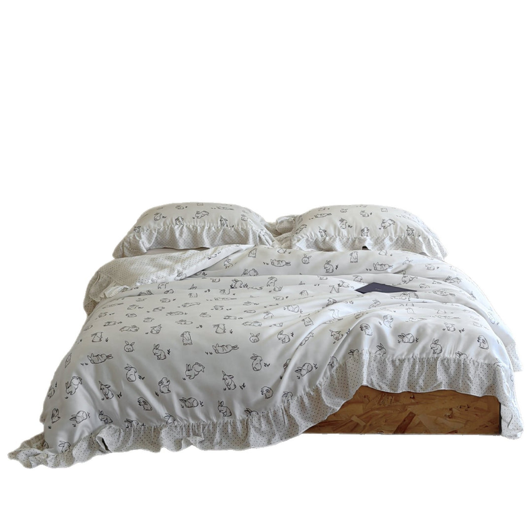 Ruffled Cotton Duvet Cover and Bed Skirt Set with Playful Bunny Print