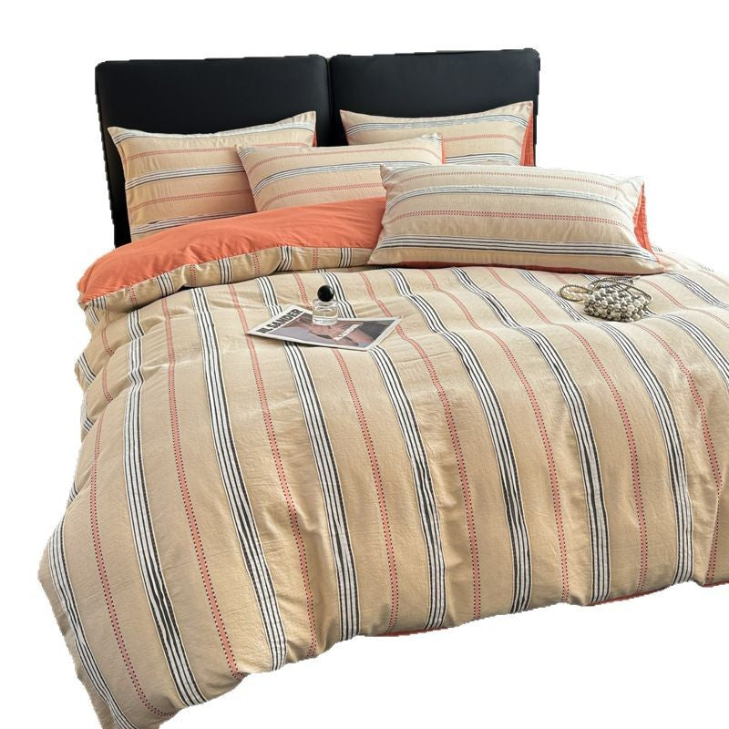 Striped cotton bedding set with washed finish, breathable percale & reversible function