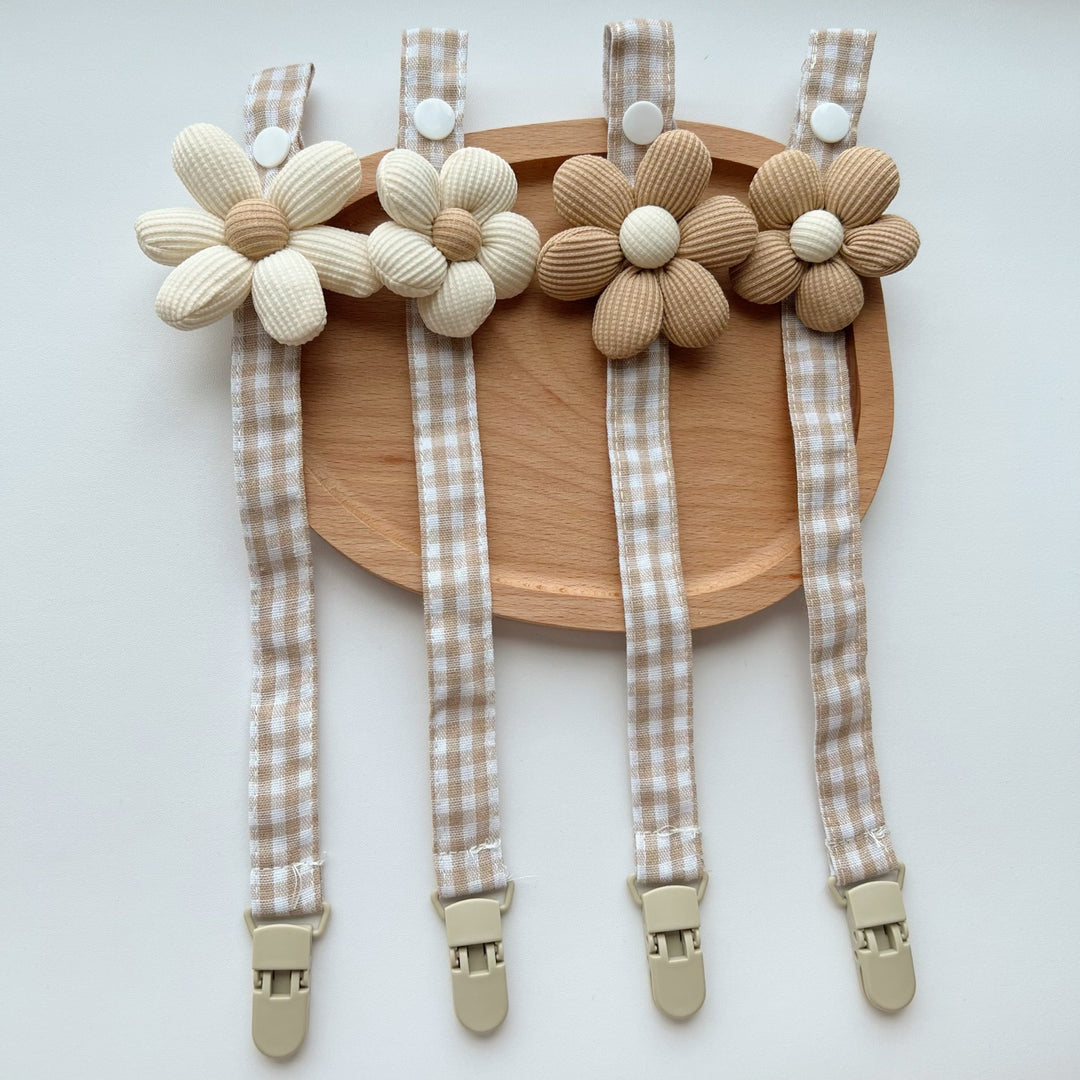 Gingham Cotton Pacifier Lanyard with Padded Ribbed Flower and Quick-Release Clip