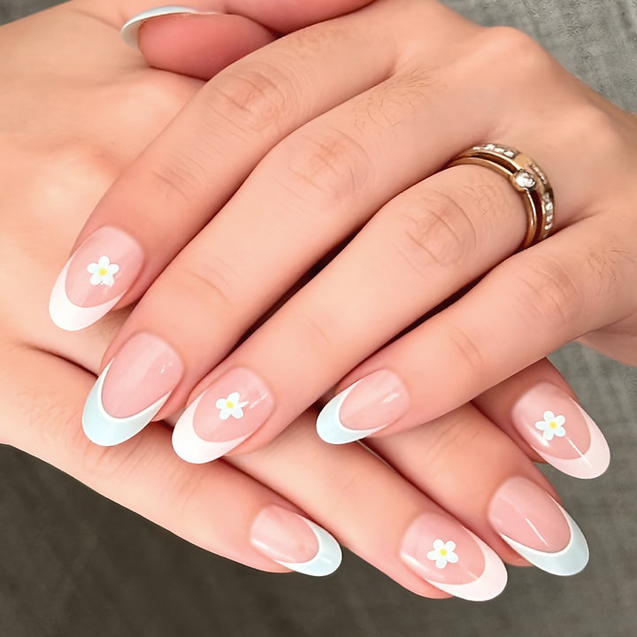 Elegant French Tip Press-On Nails with Floral Accents Stornfield