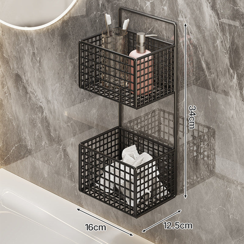 Wall-Mounted Metal Grid Bathroom Caddy with Triple Compartments Hooks and Drainable Base