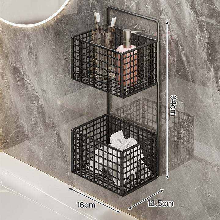 Wall-Mounted Metal Grid Bathroom Caddy with Triple Compartments Hooks and Drainable Base