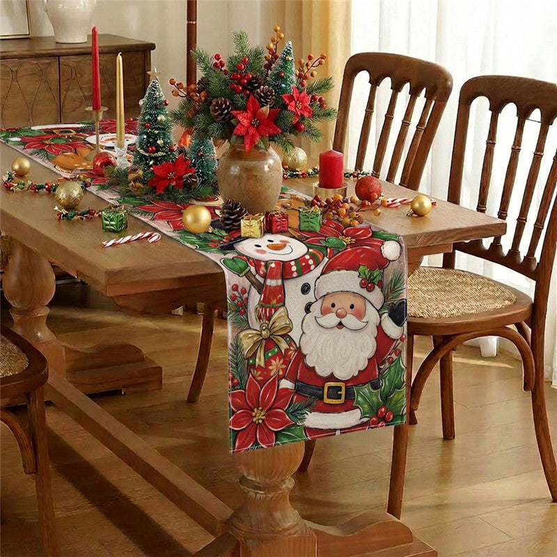 Festive Christmas Table Runner with Santa, Snowman & Reindeer Illustration