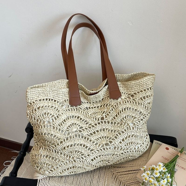 Handwoven macrame bag with leather handles Stornfield