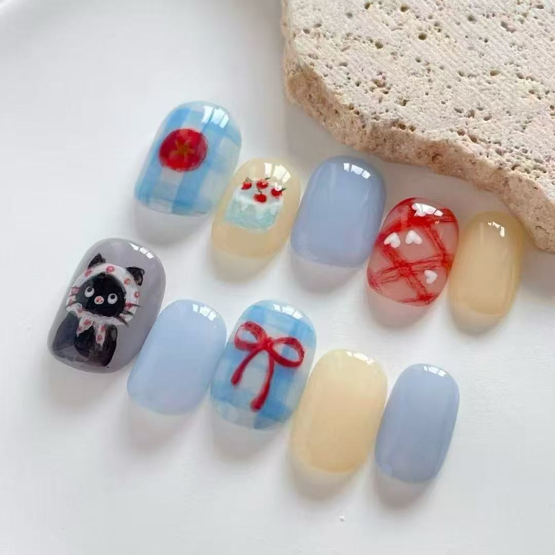 Artistic Cat-Themed Press-On Nail Art Set Stornfield