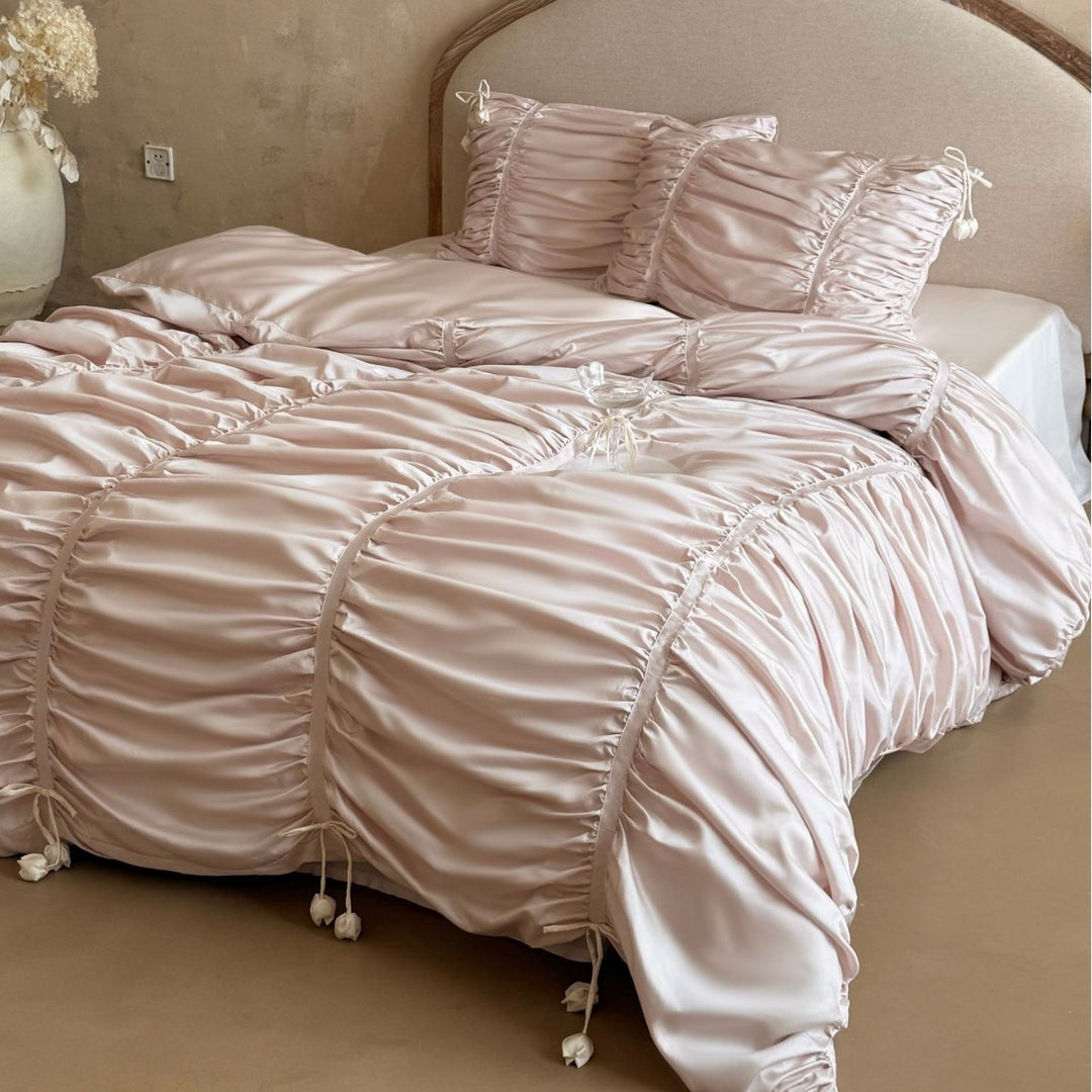 Ruched Satin Duvet Cover Set with Drawstring Rosette Accents and Matching Pillow Shams