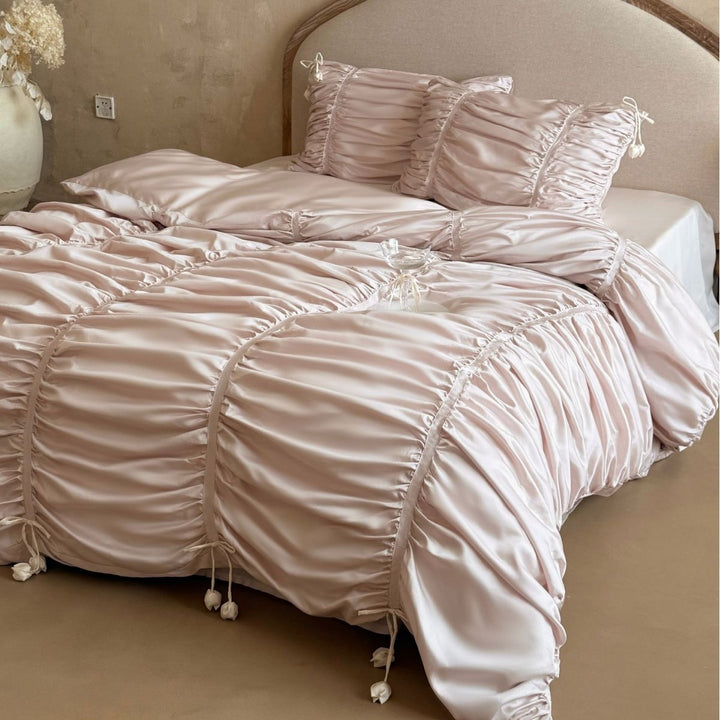 Ruched Satin Duvet Cover Set with Drawstring Rosette Accents and Matching Pillow Shams