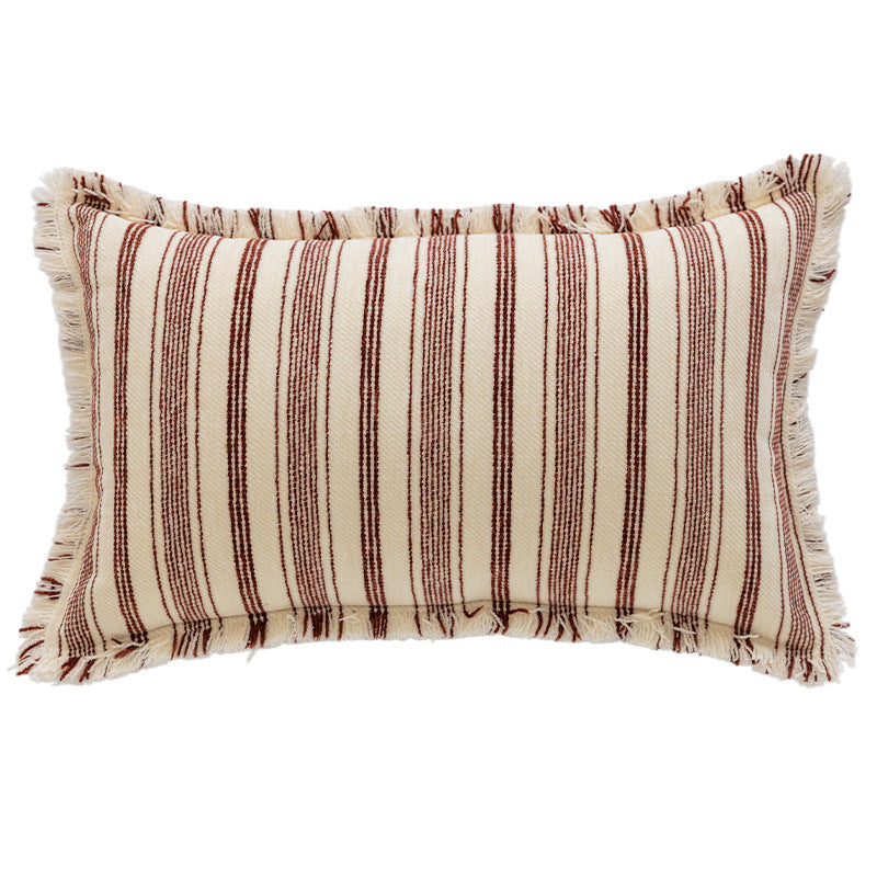 Square Woven Cotton Stripe Accent Pillow with Fringed Border and Removable Cover