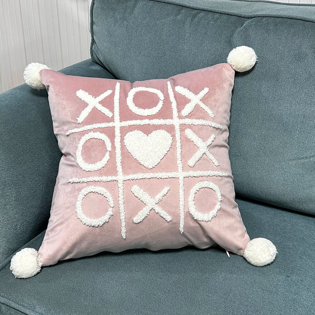 Square Decorative Pillow Cover with Fuzzy Heart Appliqué and Tassel Corners