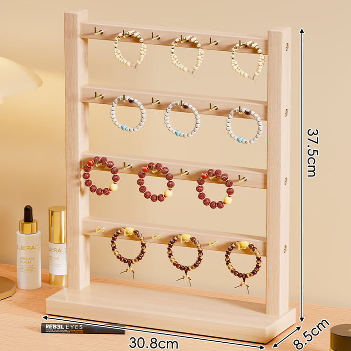 Triple-Tier Wooden Bracelet and Bangle Organizer Display Stand with Gold Hooks