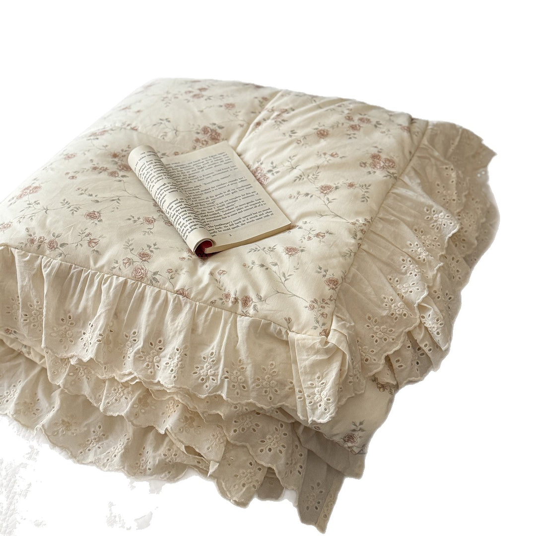 Quilted Ruffled Eyelet Lace Bedspread with Matching Frilled Pillow Shams