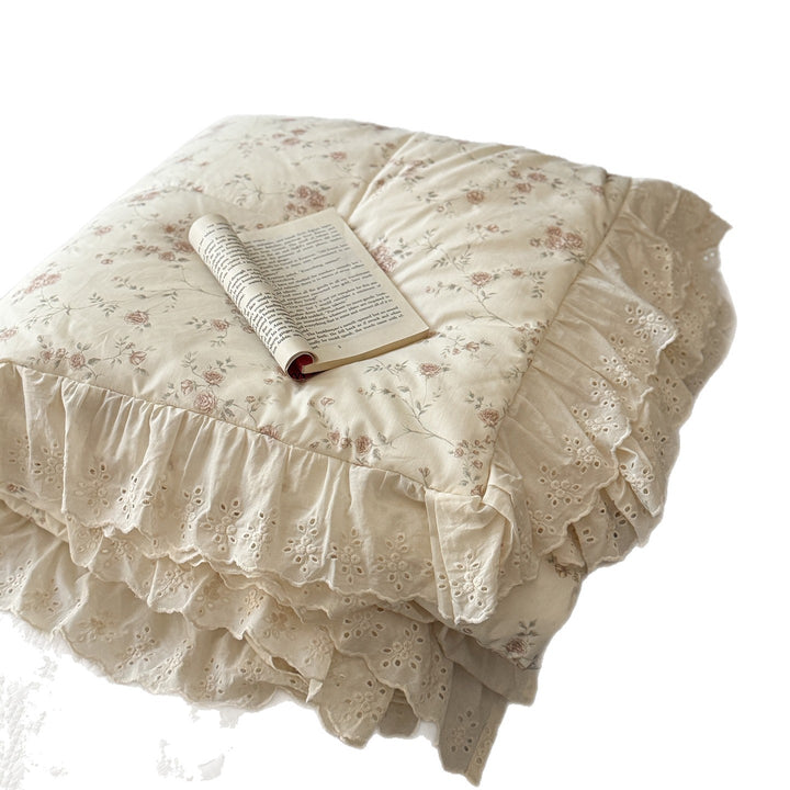 Quilted Ruffled Eyelet Lace Bedspread with Matching Frilled Pillow Shams