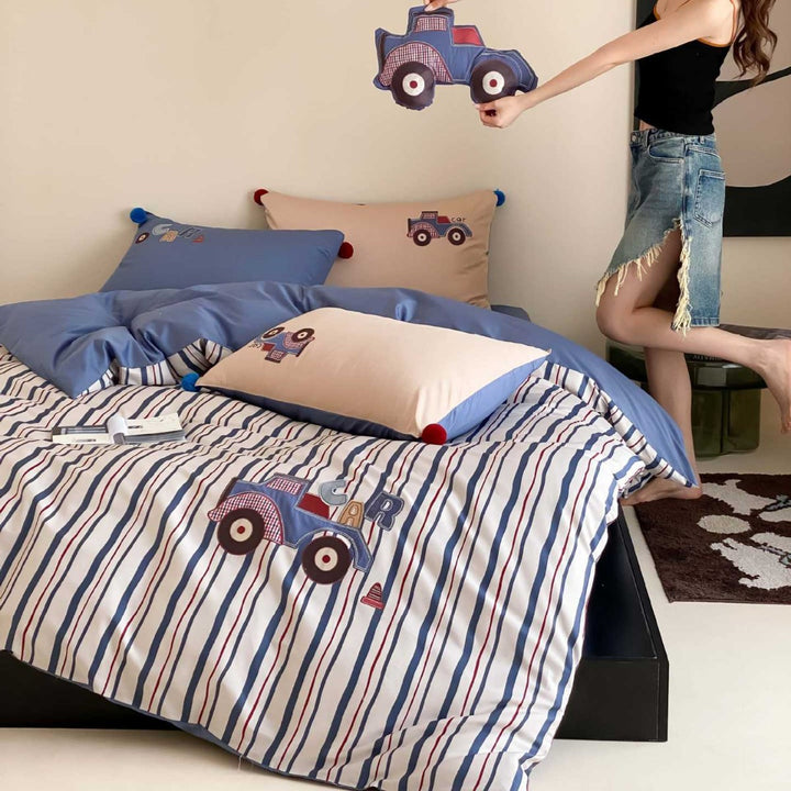 Striped Cotton Duvet Cover Set with Embroidered Car Appliqué & Pom-Pom Pillow Shams