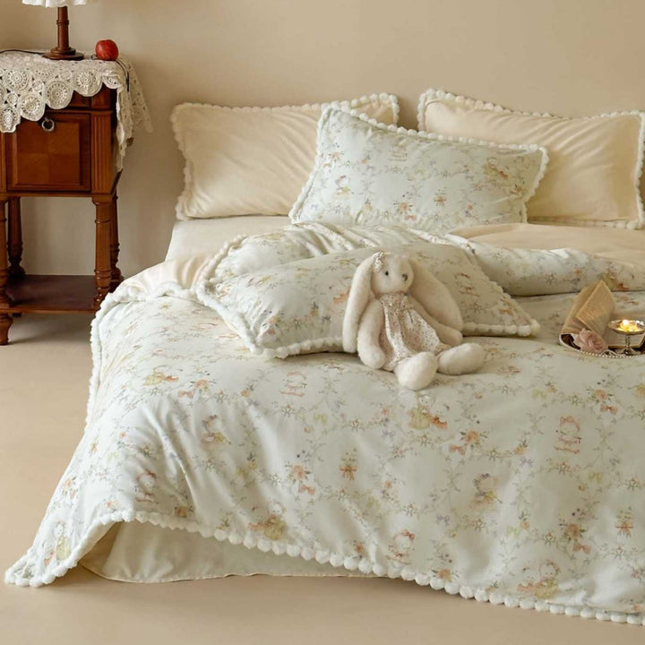 Romantic Floral Cotton Duvet Cover Set with Pom-Pom Trim and Matching Pillow Shams