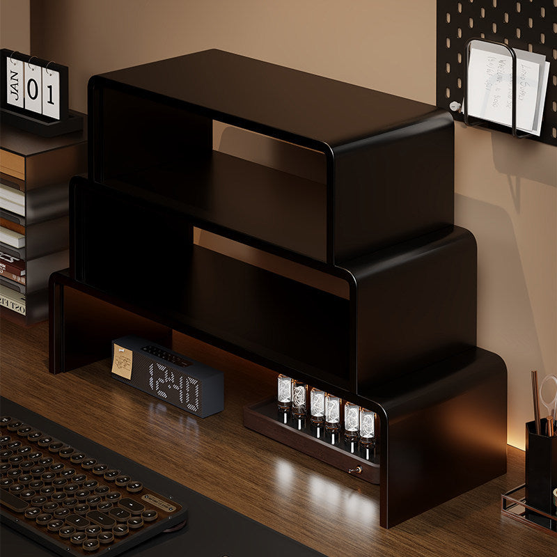 Low-Profile Curved Desktop Monitor Platform with Integrated Under-Shelf Organizer and Ambient Backlight