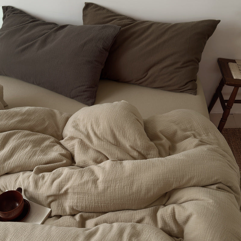 Washed Cotton Gauze Textured Duvet Cover Set with Deep-Pocket Fitted Sheet