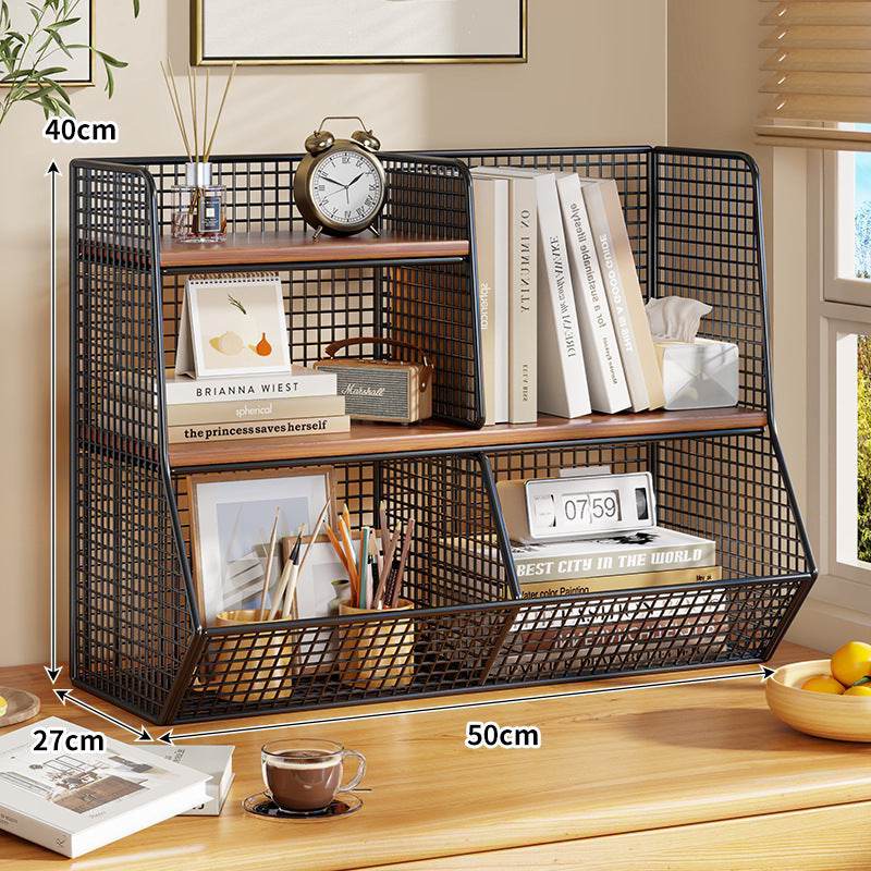 Double-Tier Mesh Metal Desktop Organizer with Wooden Shelves