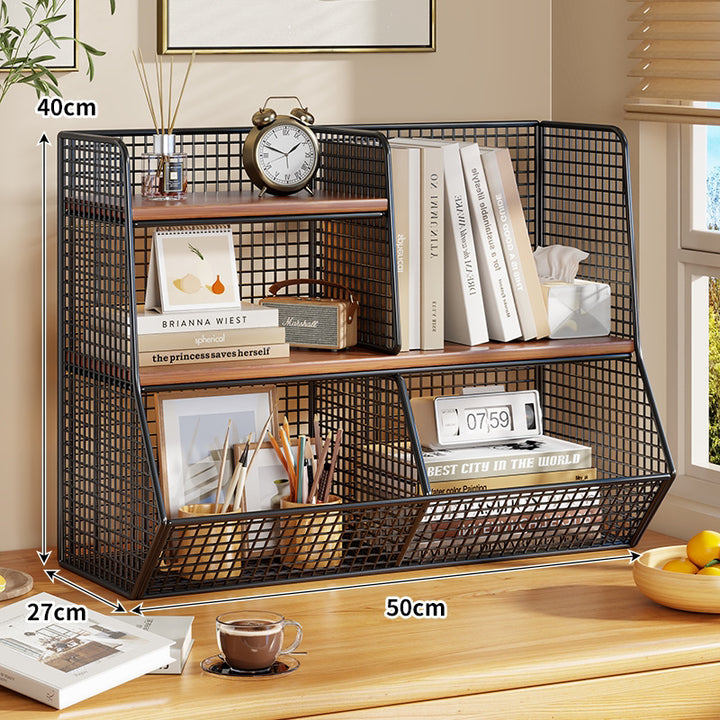 Double-Tier Mesh Metal Desktop Organizer with Wooden Shelves