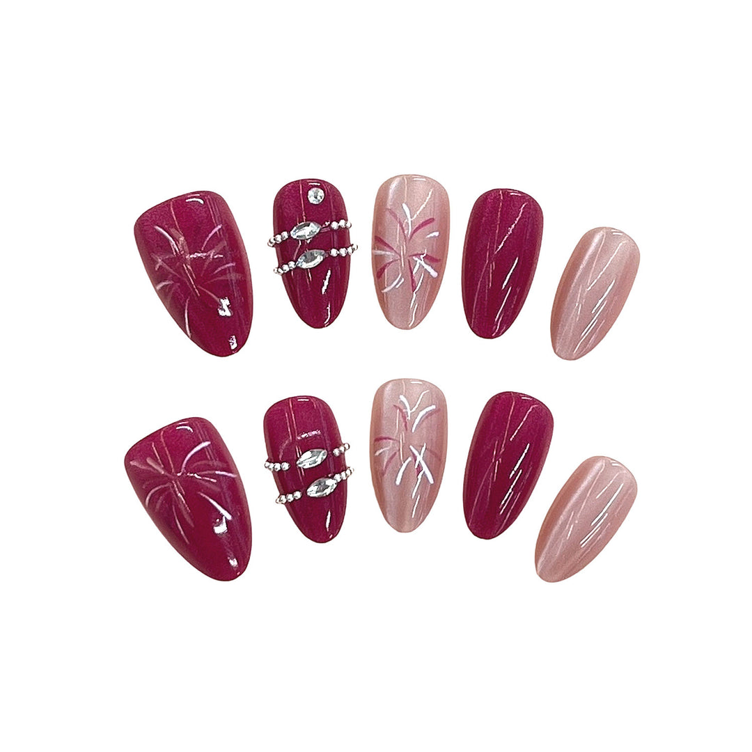 Artistic Press-On Nail Set with Floral Patterns and Gem Accents Stornfield